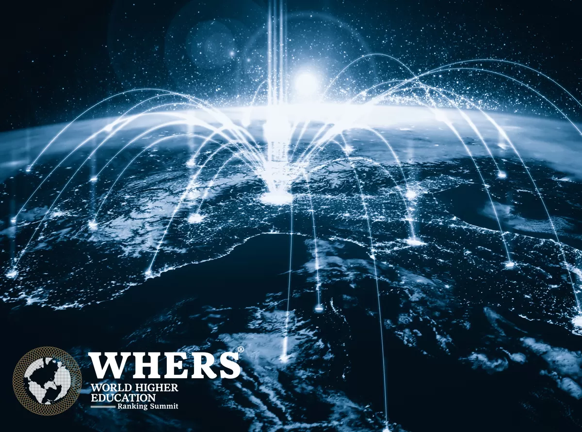 A global education summit featuring university leaders, policymakers, and innovators discussing AI, digital learning, and higher education transformation in a futuristic conference setting.