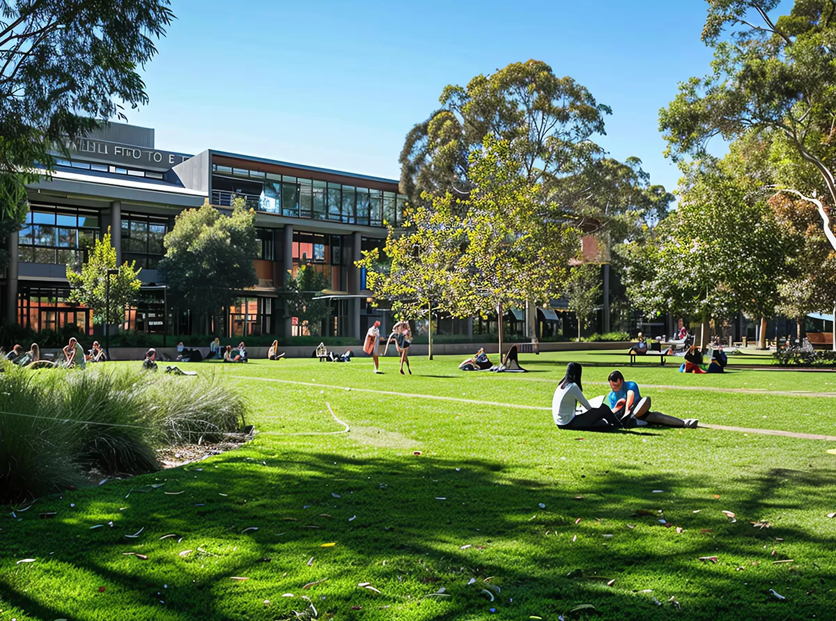 A sustainable university campus featuring green buildings, solar panels, and eco-friendly landscapes, promoting environmental responsibility in higher education.